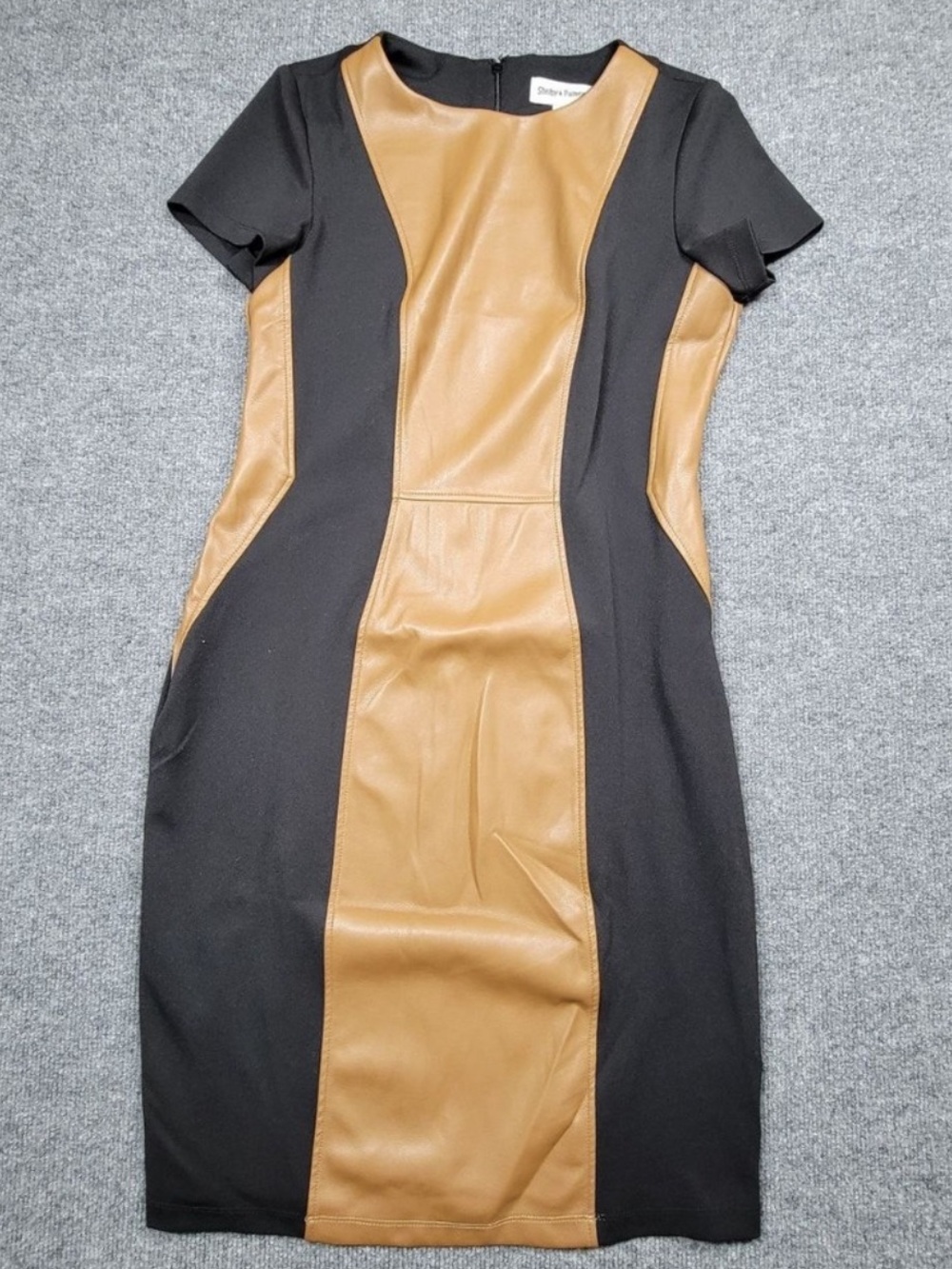 Shelby & Palmer Black and Tan Faux-Leather Paneled Sheath Dress Size 8